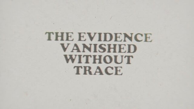 CMYK Halftone Text The Evidence Vanished Without Trace Printed on Changing Paper with Vintage Stop Motion Effect.