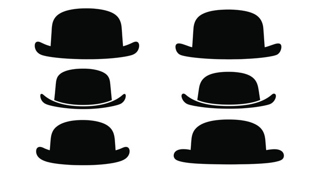 Collection of black bowler hats displayed against a white background silhouette