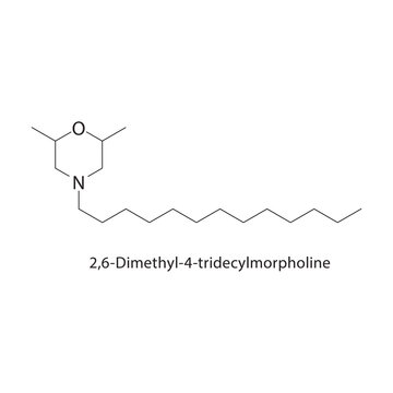 2,6-Dimethyl-4-tridecylmorpholine skeletal structure. amine compound schematic illustration. Simple diagram, chemical formula.