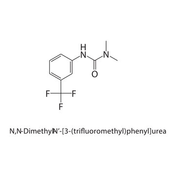 N,N-Dimethyl-N&rsquo;-[3-(trifluoromethyl)phenyl]urea skeletal structure. urea compound schematic illustration. Simple diagram, chemical formula.