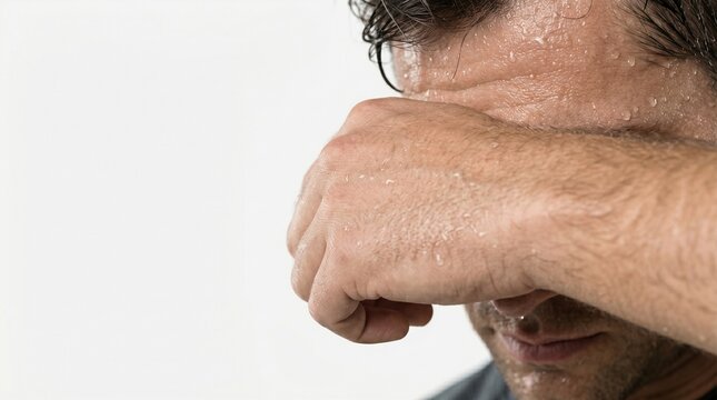 Sweating man wiping forehead with hand. Exhausted athlete after workout or intense physical activity. Overheating, dehydration and health stress concept. Extreme exertion and fatigue.