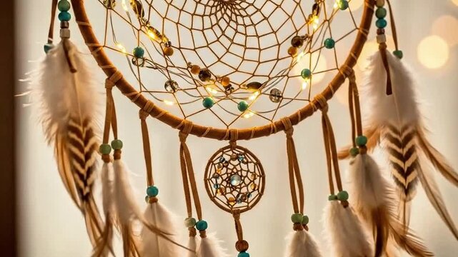 Detailed dreamcatcher with feathers and beads, illuminated by soft, warm lights close up footage.