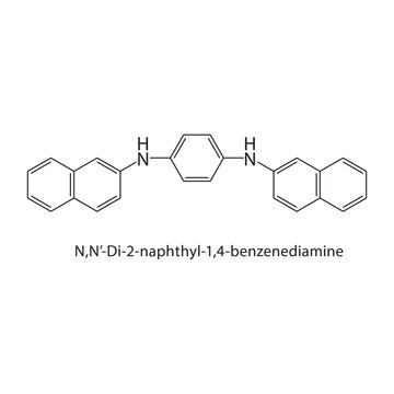 N,N&rsquo;-Di-2-naphthyl-1,4-benzenediamine skeletal structure. diamine compound schematic illustration. Simple diagram, chemical formula.