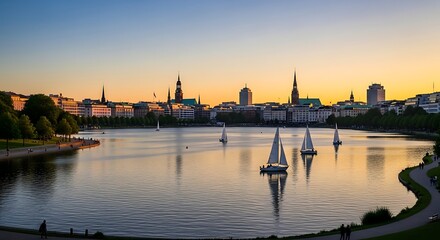 Obraz premium City skyline reflected in calm lake with sailboats at sunset