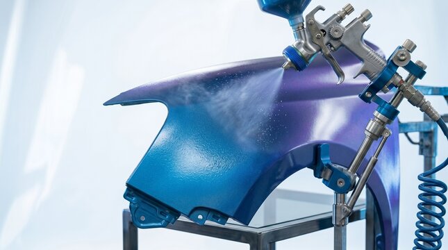 Painter using spray gun to paint car fender. Industrial auto body coating. Automotive repair service, vehicle customization, manufacturing, professional maintenance, metal finishing process.