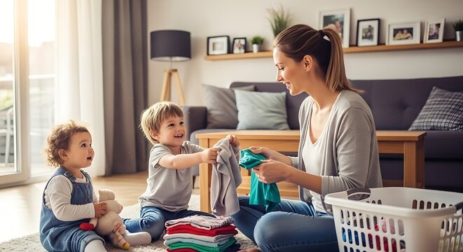 A woman and her two children doing laundry together on the floor