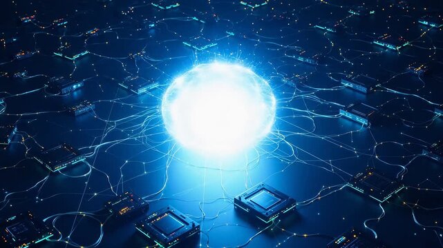 Glowing sphere connected to circuit boards symbolizing growth and future success