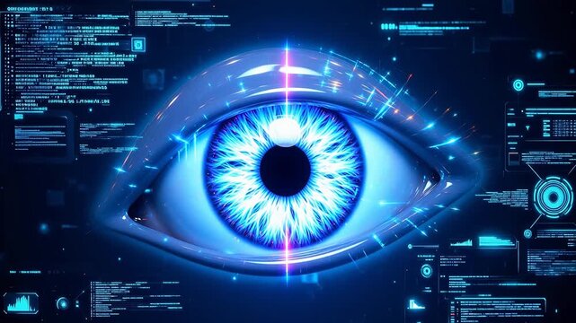 Futuristic eye with digital interface symbolizing trust, reliability, and security