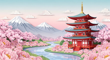 Fototapeta premium Japanese Pagoda Surrounded by Cherry Blossoms and Peonies with Snow capped Mountains