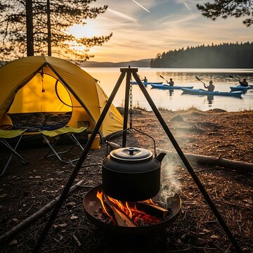 Campfire boils kettle by tent, kayaks glide on serene lake at sunset