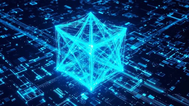 Blue glowing cube on circuit board emphasizing natural beauty and tranquility