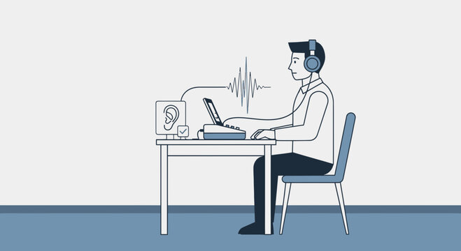 Audiologist performing hearing test with audiometer and headphones on patient