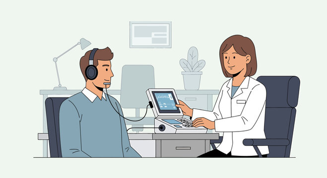 Audiologist performing hearing test on patient with headphones in clinic