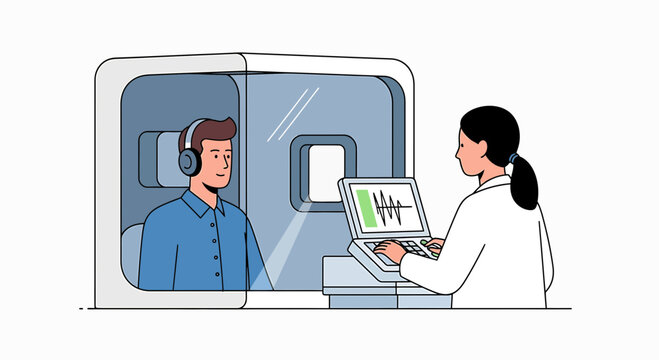 Audiologist performs hearing test on patient in soundproof booth with audiometer