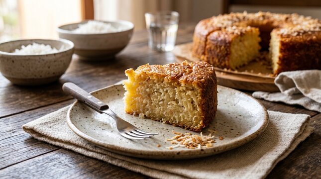 Brazilian Cassava Cake Bolo de Aipim Slice with Moist Dense Texture