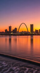 Fototapeta premium City skyline with iconic arch at sunset, water reflection, vibrant sky