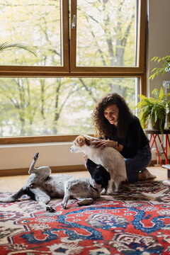 Woman With Two Dogs Playing On Rug Inside