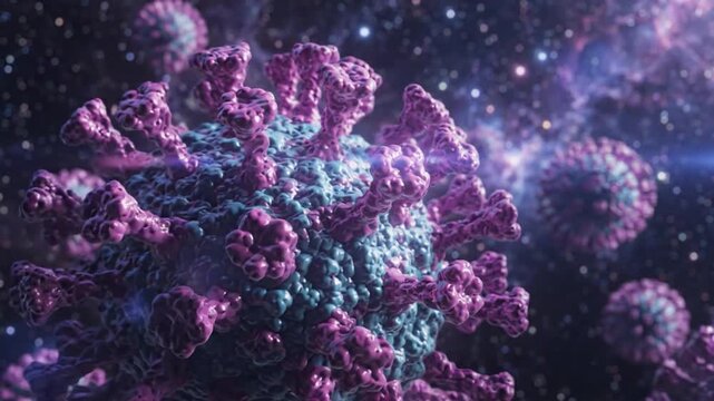 Coronavirus particle virus microscopic purple blue infection disease pathogen biology medical science close up cell structure epidemic pandemic health microbiology viral microorganism