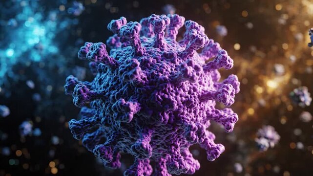 Coronavirus virus microscopic pathogen infection disease purple blue medical biology health science close up structure cell microorganism epidemic pandemic respiratory illness contagious