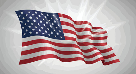 Obraz premium American flag waving on gray burst background, patriotic United States national symbol vector, red white and blue stars and stripes banner