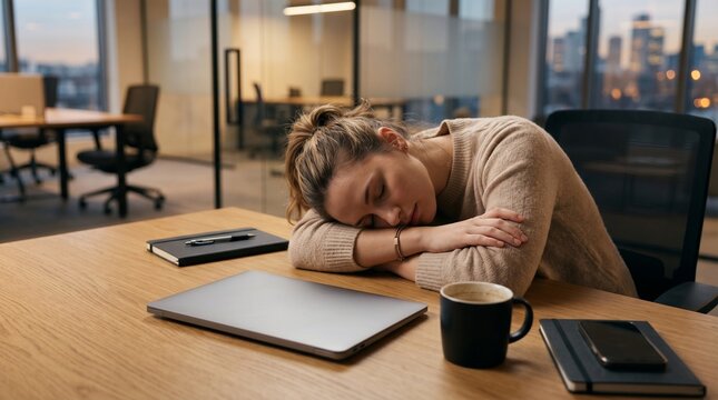 Exhausted woman sleeping on desk in modern office. Tired employee resting her head on wooden table with laptop and coffee. Conceptual image of workplace burnout and deadline stress.