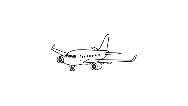 Minimalist Jet Plane Black Line Vector Icon on White Background. Front Three-Quarter View Commercial Airplane Illustration with Editable Stroke for Travel, Aviation, and Transportation Design.