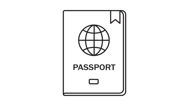 Minimalist Passport Book Vector Icon with Editable Stroke. This clean black line illustration on a white background represents international travel, identity, and global citizenship for web design.