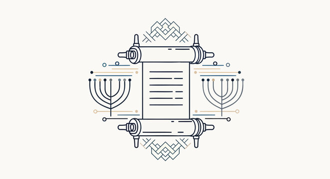 Jewish Torah scroll with menorah candelabra, religious Hebrew parchment vector illustration, traditional Hanukkah and Judaism holiday symbol