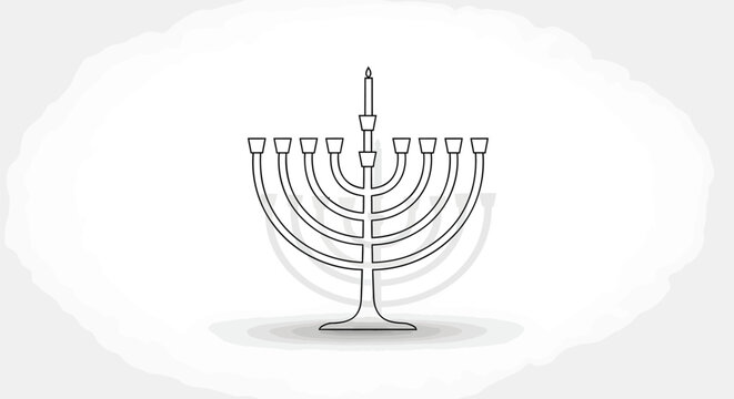 Minimalist Hanukkah menorah vector icon, thin line art chanukiah for Jewish holiday celebration, elegant nine branch candelabra illustration