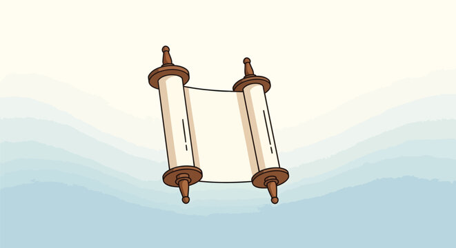 Vintage Torah scroll vector illustration, ancient Jewish parchment with wooden handles, sacred religious Hebrew scripture document on blue background