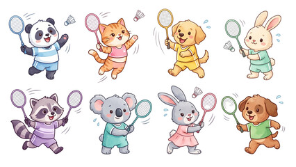 Obraz premium Collection Set of Funny cartoon vector icon set illustration of a cute baby animal character playing badminton with sport featuring an animal icon collection watercolor pastel style Sticker Design