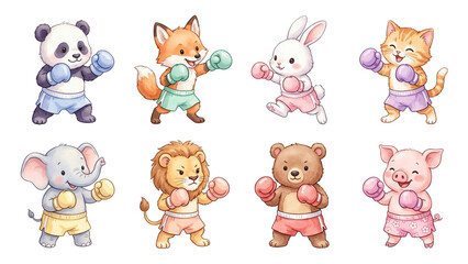 Obraz premium Collection Set of Funny cartoon vector icon set illustration of a cute baby animal character playing boxing with sport featuring an animal icon collection watercolor pastel style Sticker Design