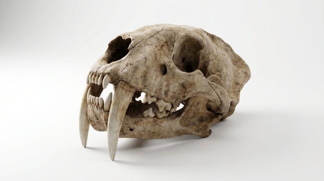 Smilodon skull with long saber teeth and detailed bone structure. Isolated on White background