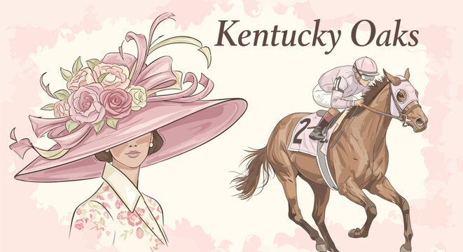 Kentucky Oaks horse racing vector, elegant woman in pink floral derby hat, thoroughbred racehorse with jockey, vintage equestrian sports illustration