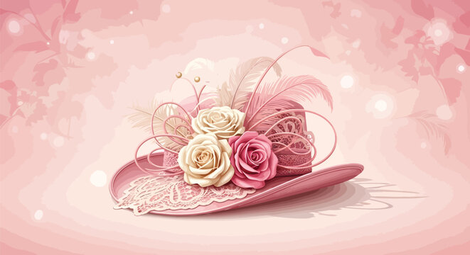 Vintage pink lady hat with roses and feathers, elegant floral headwear vector illustration, romantic feminine accessory for wedding or tea party