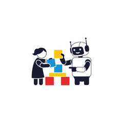 Fototapeta premium Child and Robot Building Blocks Together.