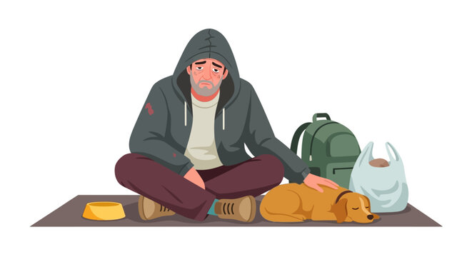 homeless man, sitting, dog, outdoors, vector illustration, charity, poverty, lifestyle