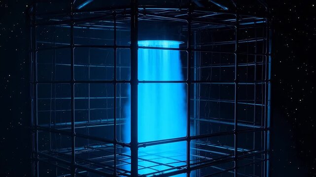Cage with glowing blue light in space ideal for corporate presentations and B2B marketing