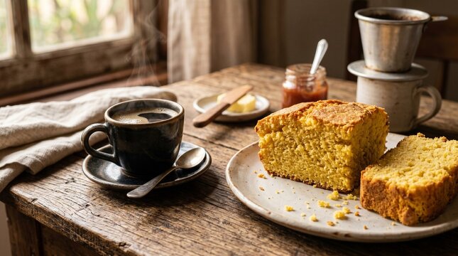 Broa de Milho with Steaming Coffee - Traditional Brazilian Corn Bread Breakfast on Rustic Wooden Table