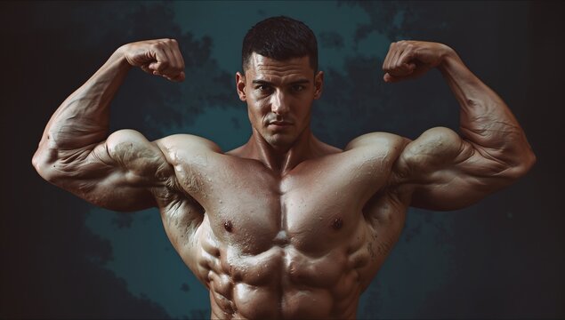 A muscular man flexing his arms and showing off his physique in a dramatic pose