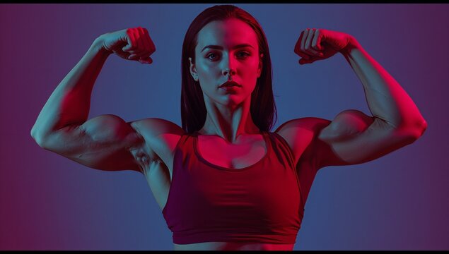 A strong and confident woman flexing her muscles in a dark room with red lighting