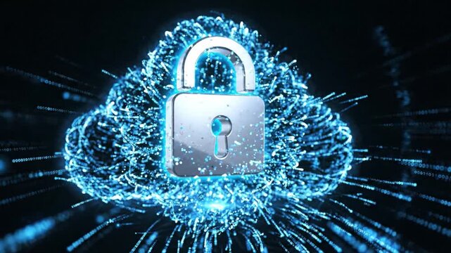 Cloud lock security with digital data encryption technology for cyber protection, network safety, and secure online computing featuring binary code visualization and futuristic AI network innovation