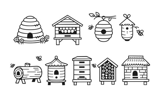 Vector Collection of Diverse Cartoon Outline Beehives and Bee Houses, Featuring Various Styles from Traditional Skeps to Modern Wooden Hives and Insect Hotels for Beekeeping and Garden Illustration