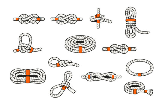 Set of Flat Vector Illustrations Featuring Various Rope Knots, Coiled Cords, and Loops with Orange Accents. Ideal for Nautical, Sailing, Climbing, Outdoor Adventure, and Marine Theme Designs.