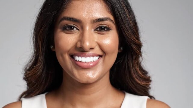 Smiling woman with dark hair and glowing skin close up portrait showing white teeth and happiness, medium brown skin with wavy hair wearing white sleeveless top expressing calm contentment