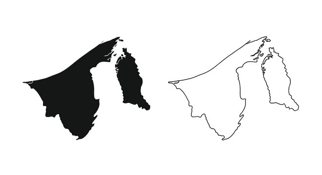 Two depictions of brunei s map a solid black silhouette and a white outline version