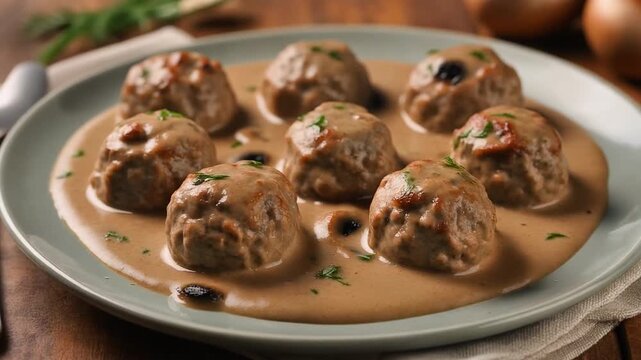 Meatballs smothered in rich brown gravy on plate