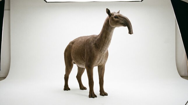 Macrauchenia with long neck and trunk-like snout in realistic reconstruction. Isolated on White background