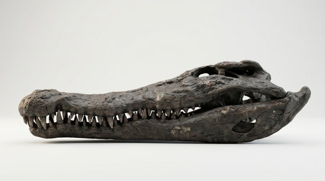 Sarcosuchus skull with elongated snout and dense teeth in detailed studio capture. Isolated on White background