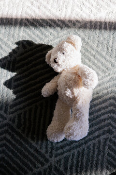 Teddy bear lying on patterned rug, casting a shadow.